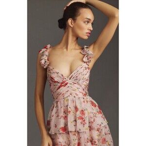 Anthropologie Mac Duggal Maxi Dress Tiered Pink Floral Formal Preppy Size 14 NWT